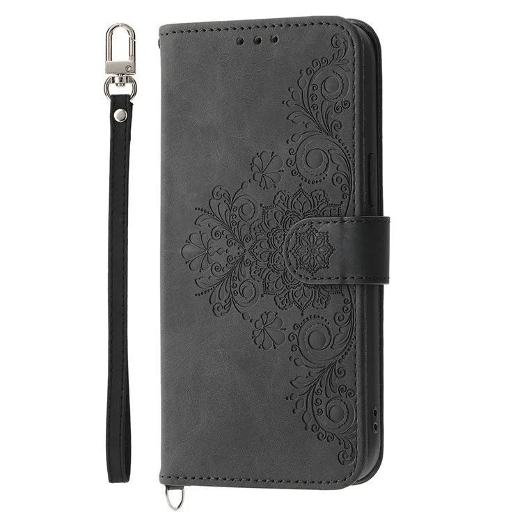 For Motorola Moto G54 5G Case Stand Wallet Phone Cover with Hand Strap + Shoulder Strap - Black