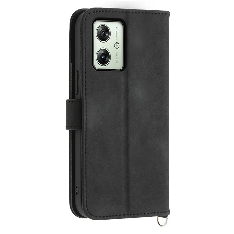 For Motorola Moto G54 5G Case Stand Wallet Phone Cover with Hand Strap + Shoulder Strap - Black