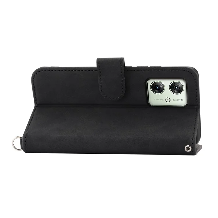 For Motorola Moto G54 5G Case Stand Wallet Phone Cover with Hand Strap + Shoulder Strap - Black