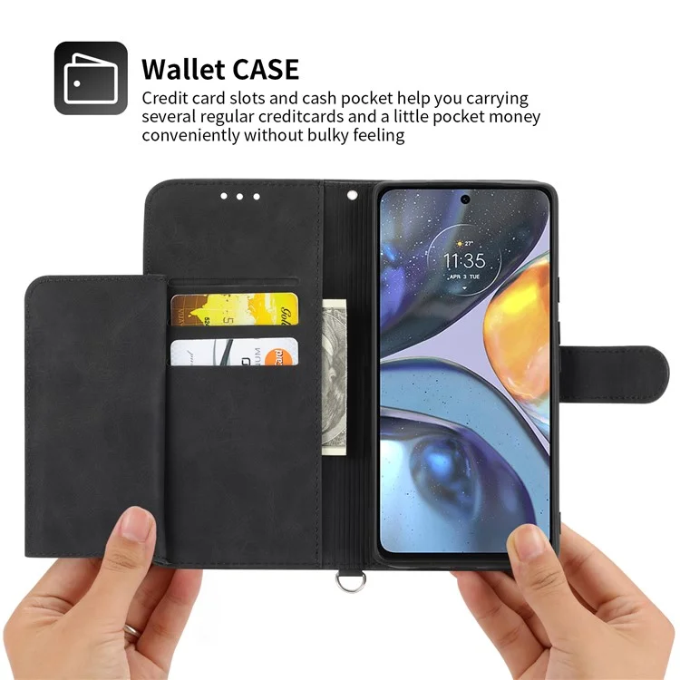 For Motorola Moto G54 5G Case Stand Wallet Phone Cover with Hand Strap + Shoulder Strap - Black