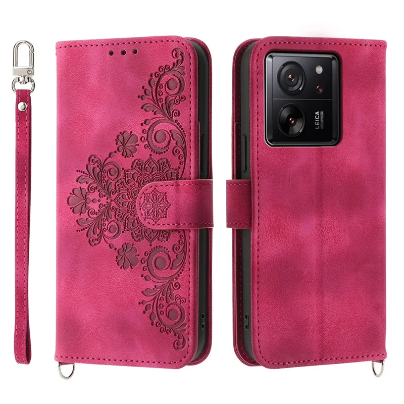 For Xiaomi 13T / 13T Pro / Redmi K60 Ultra Case Wallet Phone Leather Cover with Hand Strap + Shoulder Strap - Wine Red