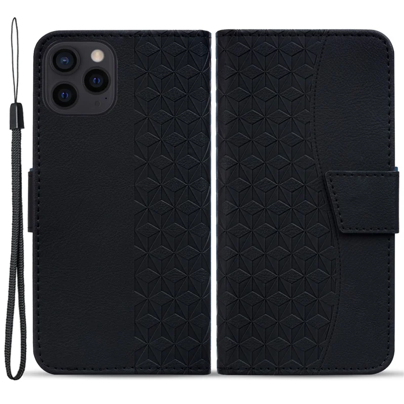 Für iPhone 15 Pro Case PU-Leder Geprägter Ständer Geldbörse Handyhülle - Schwarz