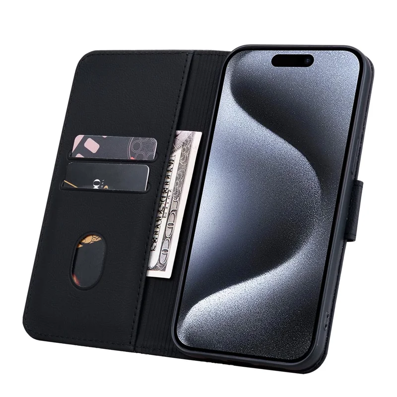 Für iPhone 15 Pro Case PU-Leder Geprägter Ständer Geldbörse Handyhülle - Schwarz
