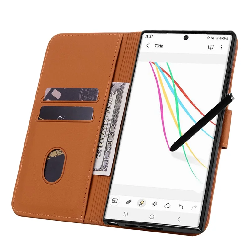 Flip Case til Samsung Galaxy S23 Ultra med Præget PU Læder - Brun