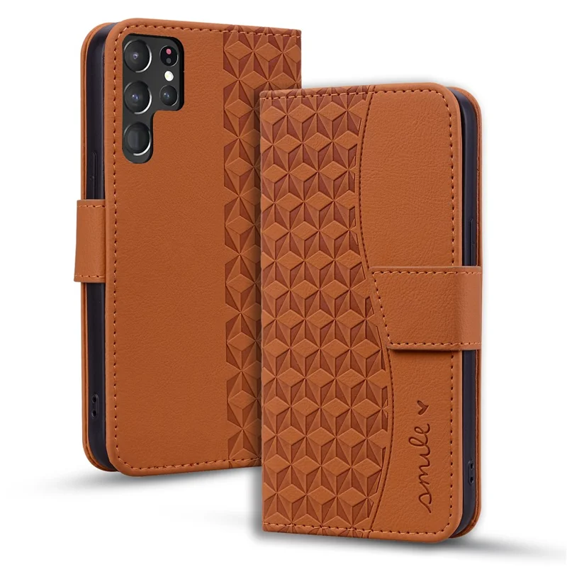 Flip Case til Samsung Galaxy S23 Ultra med Præget PU Læder - Brun