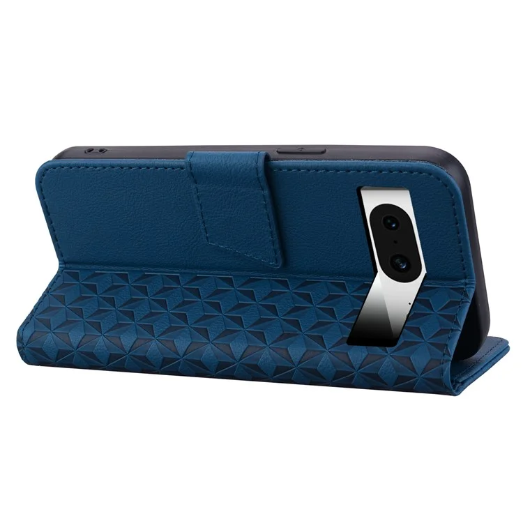 Pour Google Pixel 8 Case Rhombus Imprint PU Leather Wallet Phone Cover with Stand - Sapphire