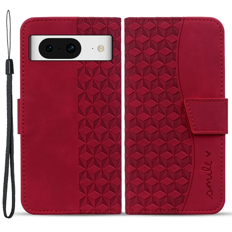 For Google Pixel 8 Case Rhombus Imprint PU Leather Wallet Phone Cover with Stand - Wine Red