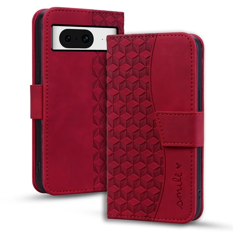 For Google Pixel 8 Case Rhombus Imprint PU Leather Wallet Phone Cover with Stand - Wine Red