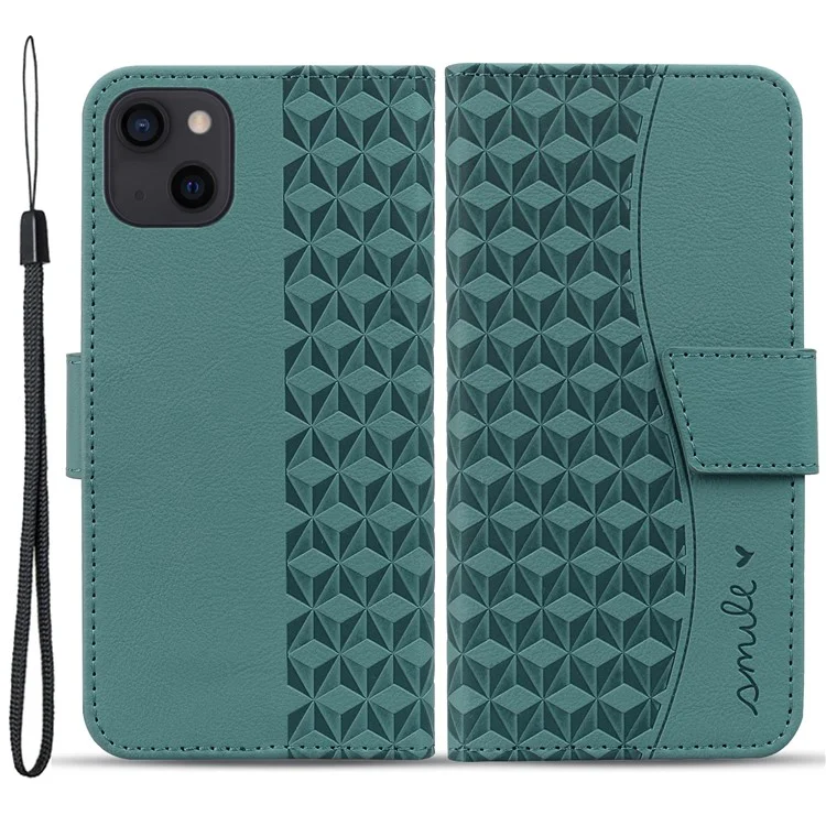 For iPhone 15 Case Rhombus Imprint PU Leather Flip Stand Phone Cover with Wallet - Green