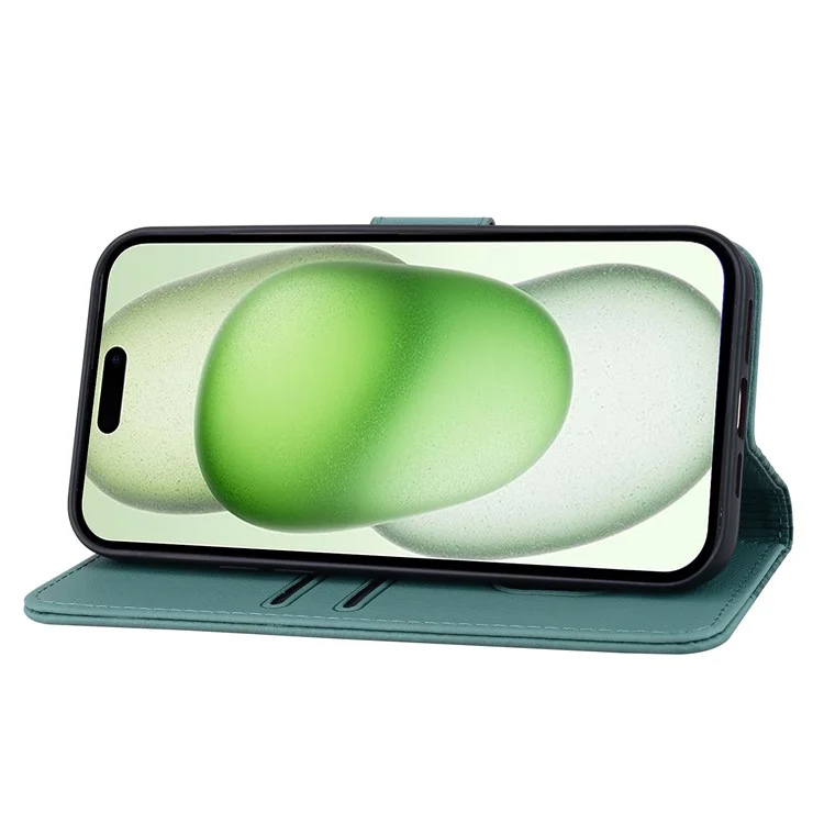 For iPhone 15 Case Rhombus Imprint PU Leather Flip Stand Phone Cover with Wallet - Green