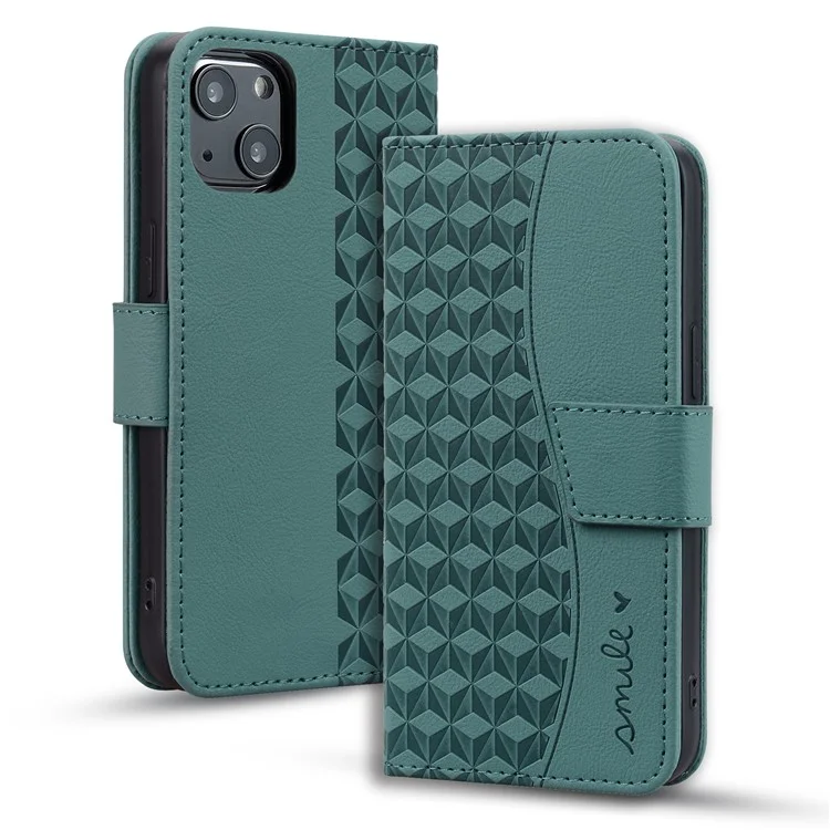For iPhone 15 Case Rhombus Imprint PU Leather Flip Stand Phone Cover with Wallet - Green