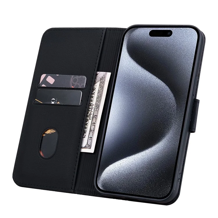 Für iPhone 15 Pro Max Case PU-Leder Brieftasche Geprägte Telefonständer-Abdeckung - Schwarz