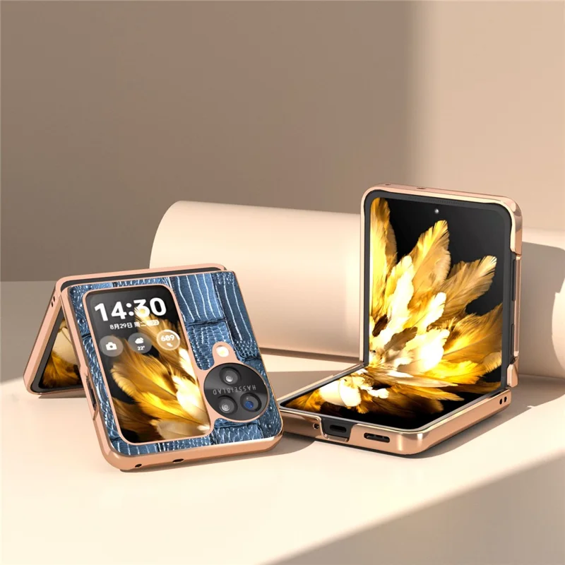 For Oppo Find N3 Flip 5G Case Mahjong Texture Genuine Cow Leather + PC Electroplated Phone Cover - Blue