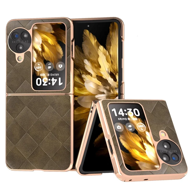 For Oppo Find N3 Flip 5G Case PU Leather + PC Grid Texture Electroplating Cover - Green