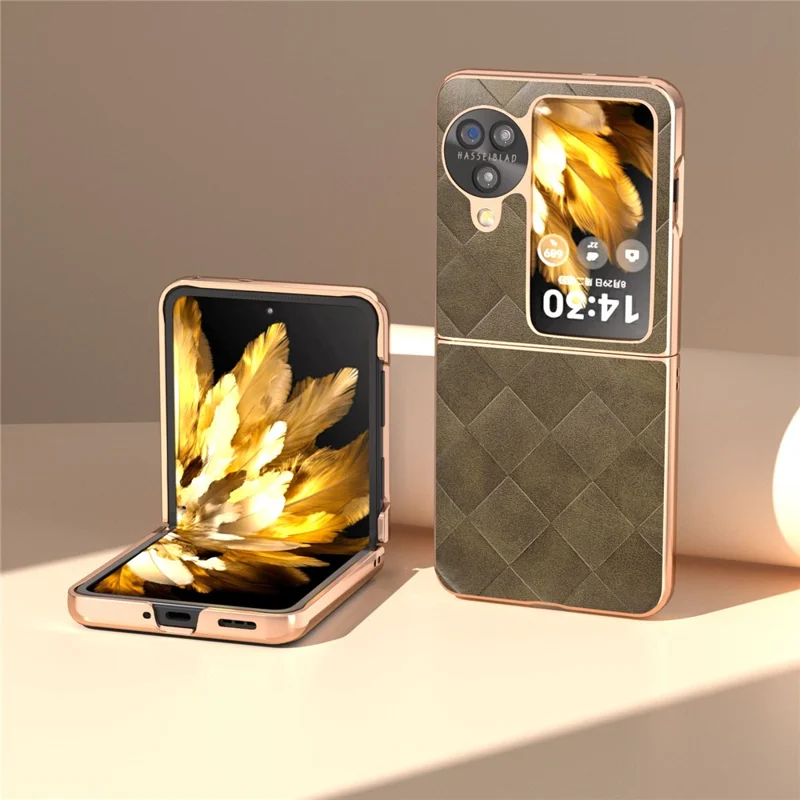 For Oppo Find N3 Flip 5G Case PU Leather + PC Grid Texture Electroplating Cover - Green