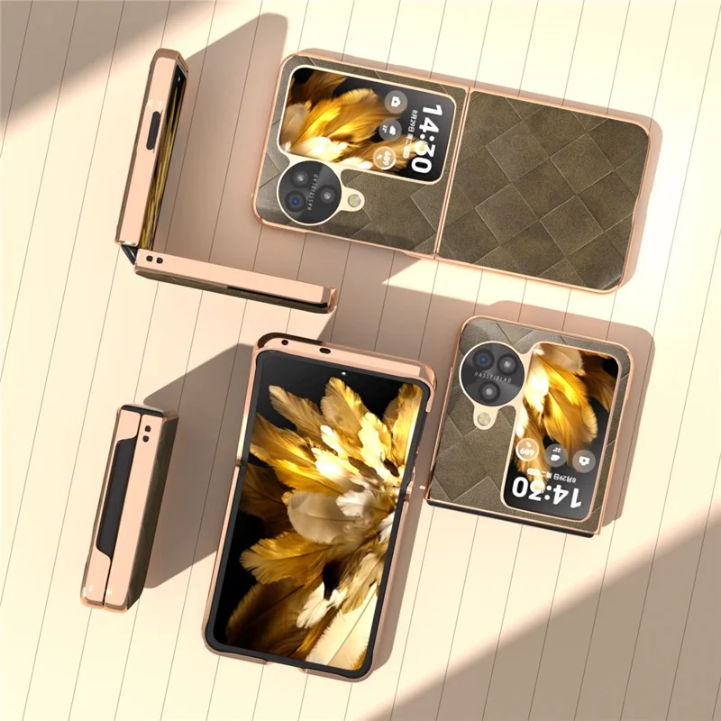 For Oppo Find N3 Flip 5G Case PU Leather + PC Grid Texture Electroplating Cover - Green