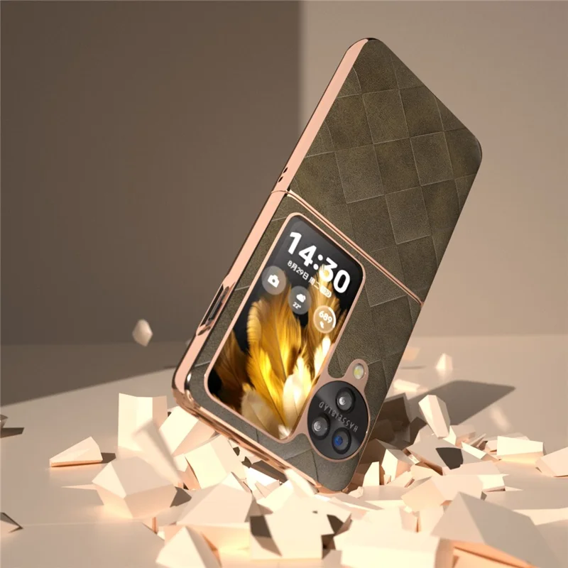 For Oppo Find N3 Flip 5G Case PU Leather + PC Grid Texture Electroplating Cover - Green