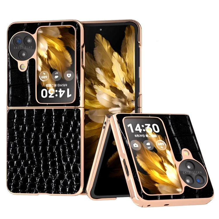 For Oppo Find N3 Flip 5G Case Crocodile Texture Genuine Cow Leather + PC Phone Cover - Black