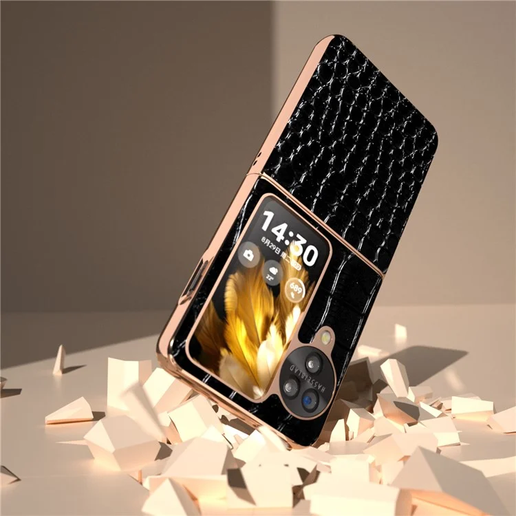 For Oppo Find N3 Flip 5G Case Crocodile Texture Genuine Cow Leather + PC Phone Cover - Black