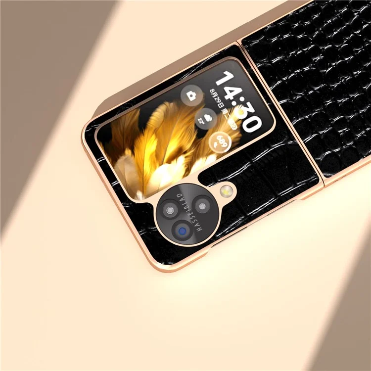 For Oppo Find N3 Flip 5G Case Crocodile Texture Genuine Cow Leather + PC Phone Cover - Black