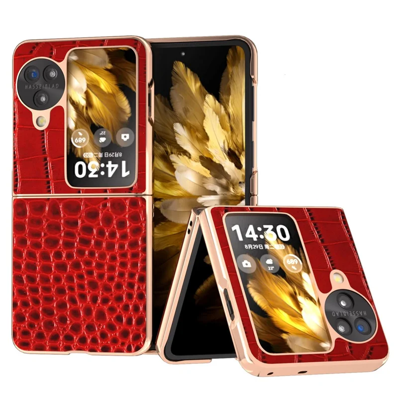 Para Oppo Find N3 Flip 5G Funda Textura de Cocodrilo Cuero Genuino de Vaca + Funda de Teléfono PC - Rojo