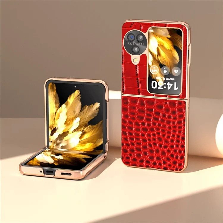 Para Oppo Find N3 Flip 5G Funda Textura de Cocodrilo Cuero Genuino de Vaca + Funda de Teléfono PC - Rojo