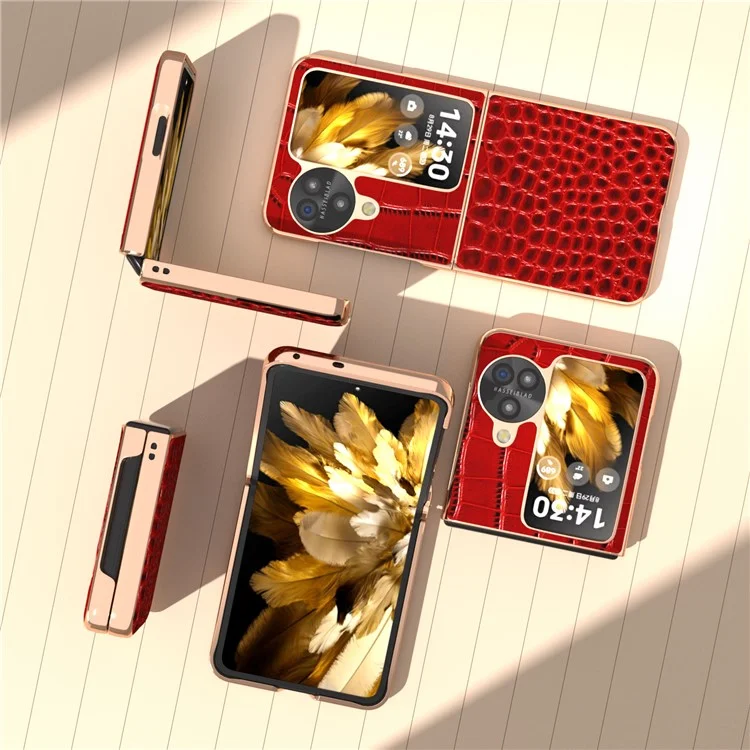 Para Oppo Find N3 Flip 5G Funda Textura de Cocodrilo Cuero Genuino de Vaca + Funda de Teléfono PC - Rojo
