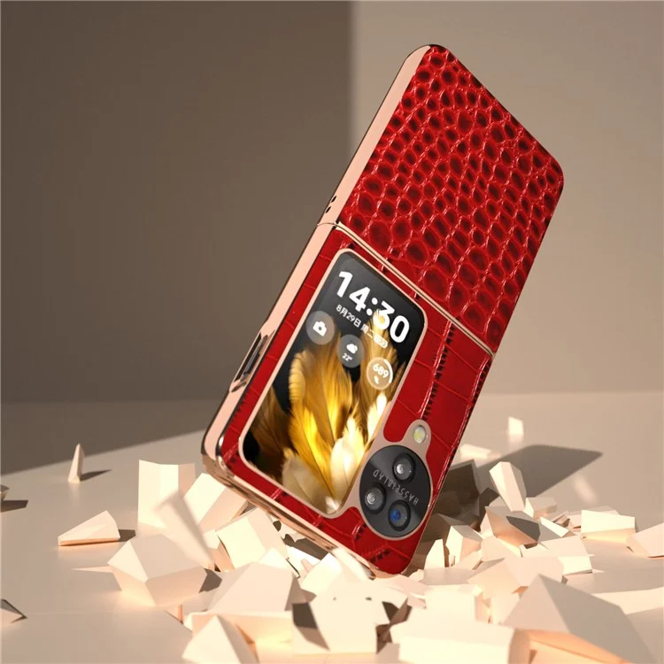 Para Oppo Find N3 Flip 5G Funda Textura de Cocodrilo Cuero Genuino de Vaca + Funda de Teléfono PC - Rojo