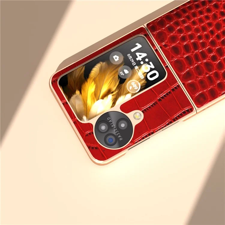 Para Oppo Find N3 Flip 5G Funda Textura de Cocodrilo Cuero Genuino de Vaca + Funda de Teléfono PC - Rojo