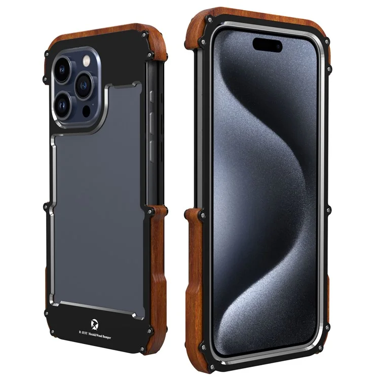 R-JUST Чехол для iPhone 15 Pro из дерева + алюминиевого сплава, бамперная рама, чехол для телефона