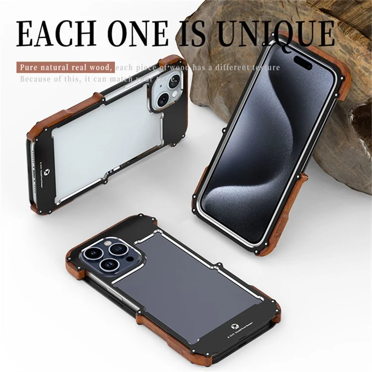 R-JUST Чехол для iPhone 15 Pro из дерева + алюминиевого сплава, бамперная рама, чехол для телефона