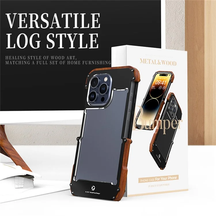 R-JUST For iPhone 15 Back Cover Drop Protection Aluminum Alloy +Wood Bumper Frame Phone Case