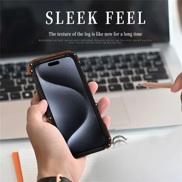 R-JUST For iPhone 15 Back Cover Drop Protection Aluminum Alloy +Wood Bumper Frame Phone Case