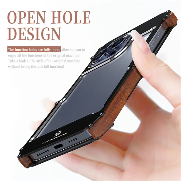 R-JUST For iPhone 15 Back Cover Drop Protection Aluminum Alloy +Wood Bumper Frame Phone Case