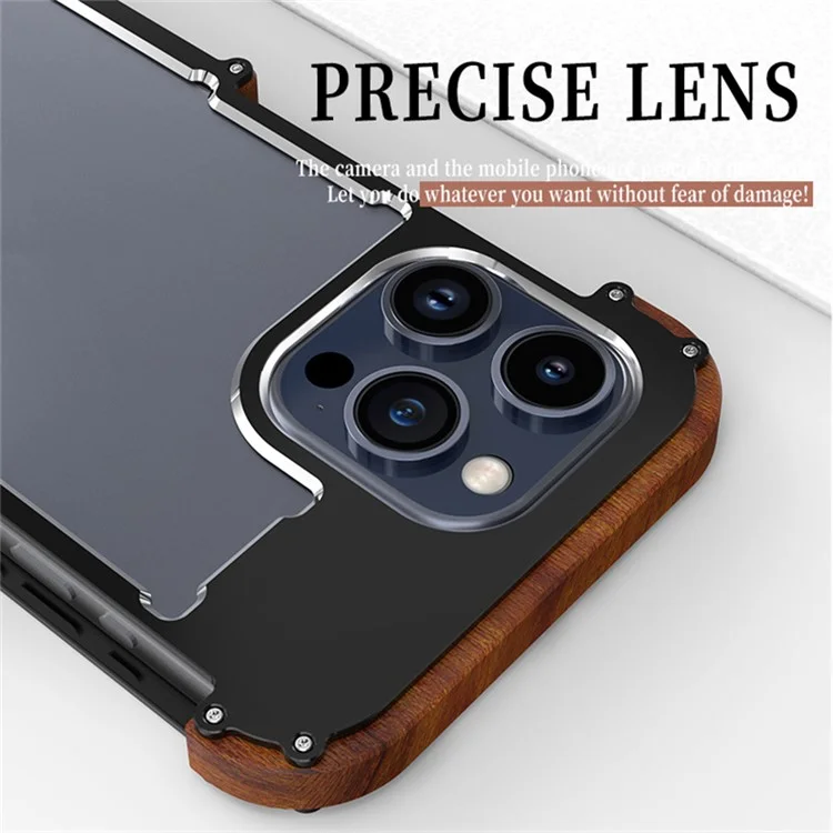 R-JUST For iPhone 15 Back Cover Drop Protection Aluminum Alloy +Wood Bumper Frame Phone Case