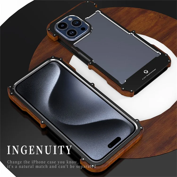 R-JUST For iPhone 15 Back Cover Drop Protection Aluminum Alloy +Wood Bumper Frame Phone Case