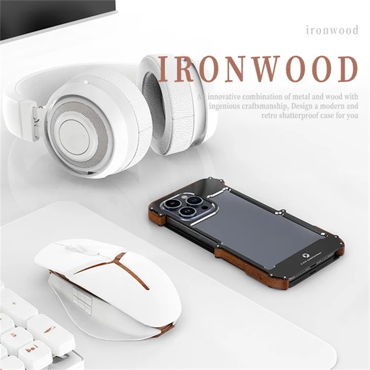 R-JUST For iPhone 15 Back Cover Drop Protection Aluminum Alloy +Wood Bumper Frame Phone Case