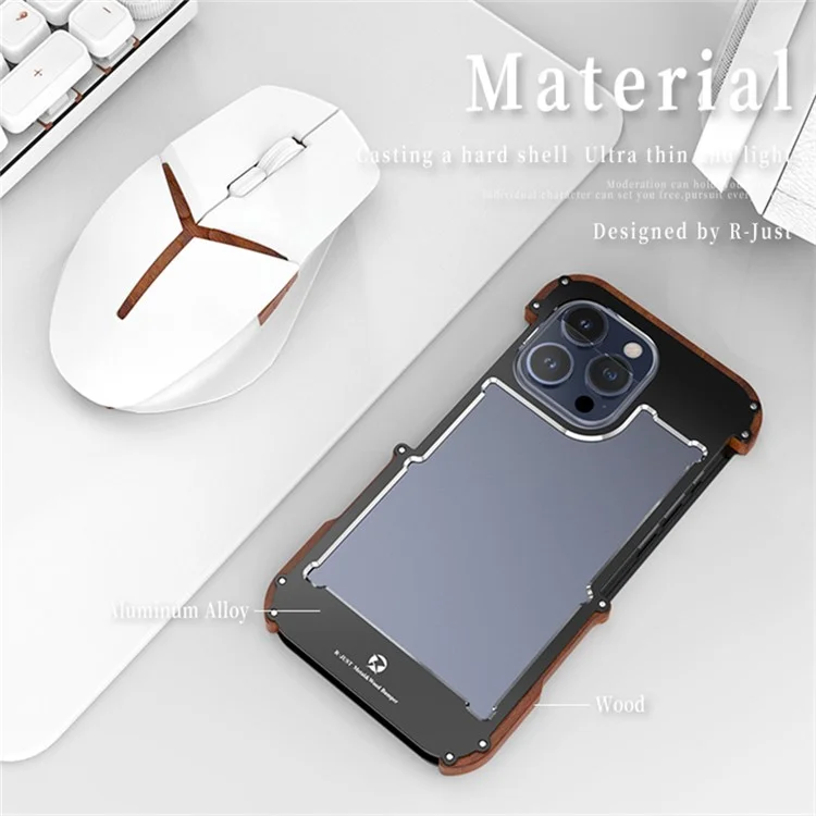 R-JUST For iPhone 15 Back Cover Drop Protection Aluminum Alloy +Wood Bumper Frame Phone Case