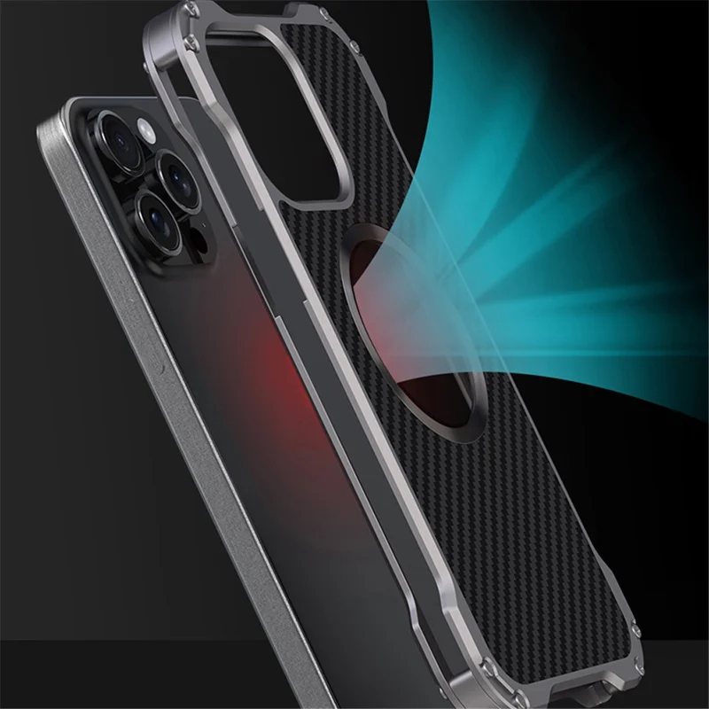 R-JUST RJ-51 For iPhone 15 Pro Max Case PC + Aluminum Alloy Hollow Phone Cover Compatible with MagSafe