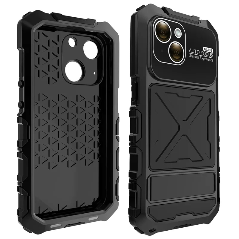 R-JUST For iPhone 15 Case Silicone+Metal Phone Cover with Tempered Glass Film - Black