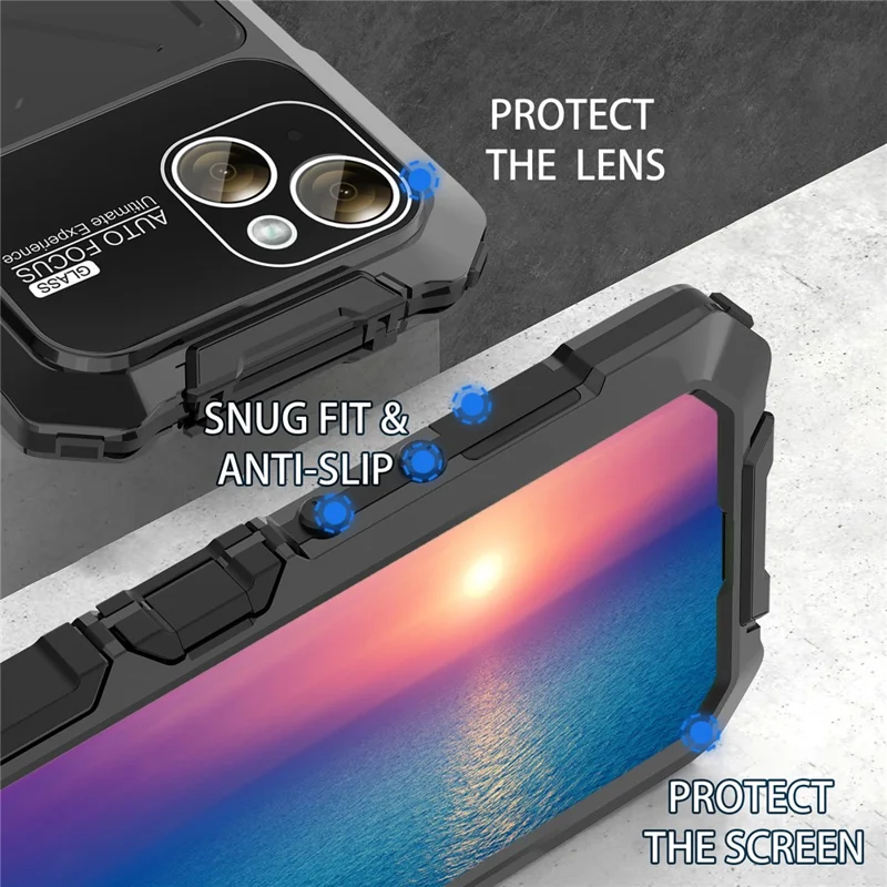 R-JUST For iPhone 15 Case Silicone+Metal Phone Cover with Tempered Glass Film - Black