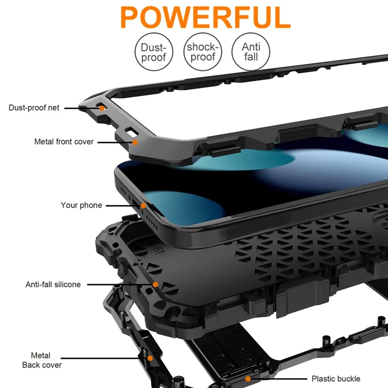 R-JUST For iPhone 15 Case Silicone+Metal Phone Cover with Tempered Glass Film - Black