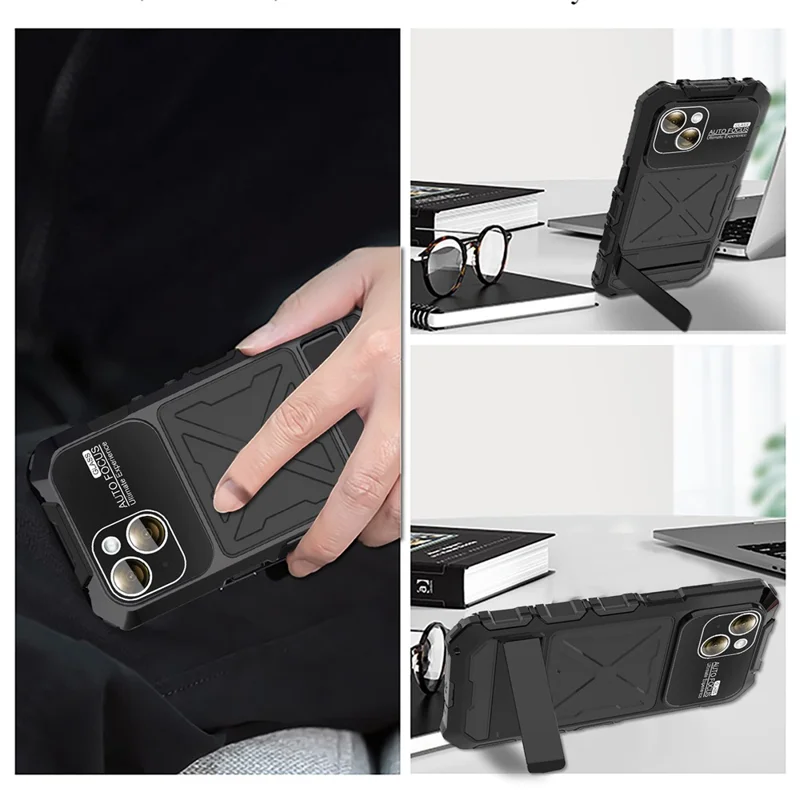 R-JUST For iPhone 15 Case Silicone+Metal Phone Cover with Tempered Glass Film - Black