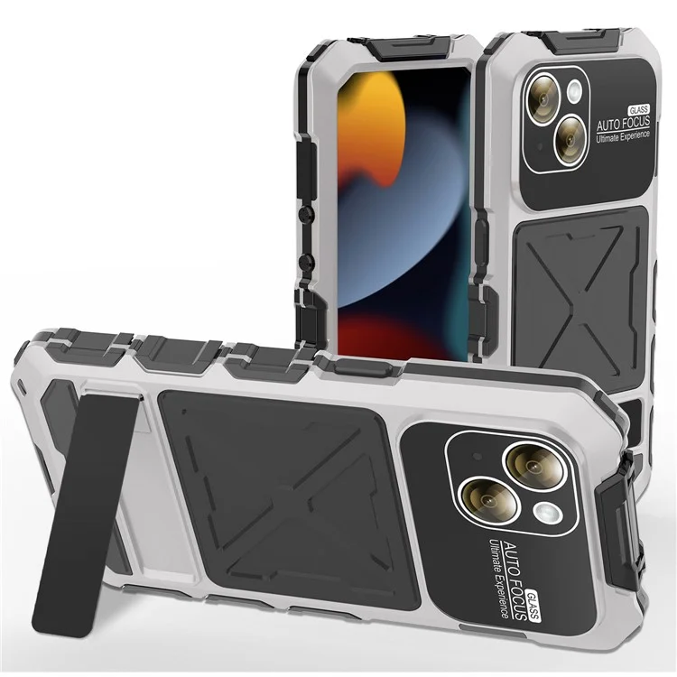 R-JUST Für iPhone 15 Plus Hülle Stoßfest Silikon+Metall Handyhülle mit Bildschirmfolie - Silber