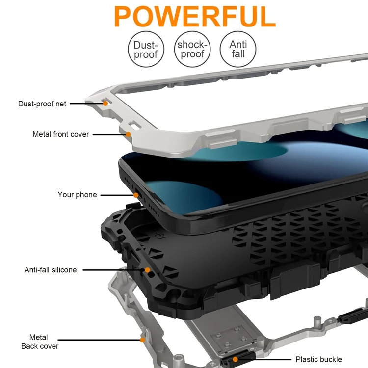 R-JUST Für iPhone 15 Plus Hülle Stoßfest Silikon+Metall Handyhülle mit Bildschirmfolie - Silber