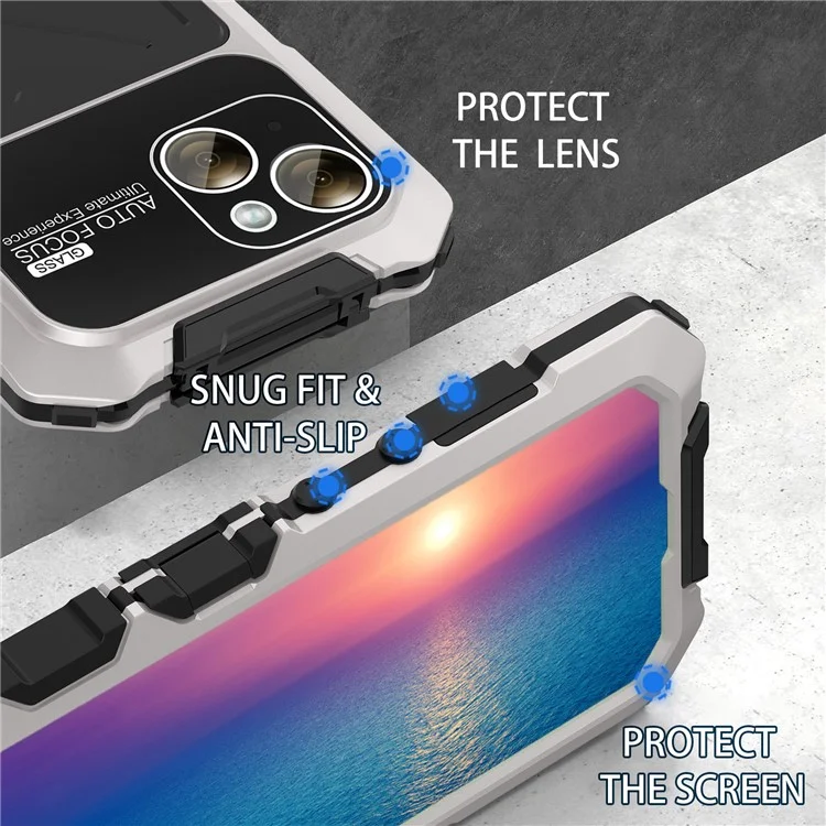 R-JUST Für iPhone 15 Plus Hülle Stoßfest Silikon+Metall Handyhülle mit Bildschirmfolie - Silber