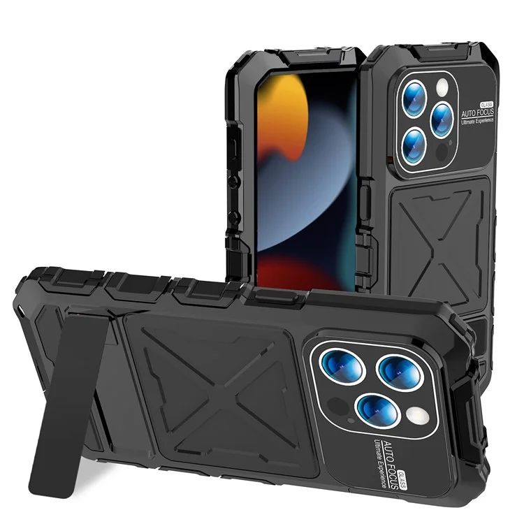 R-JUST Für iPhone 15 Pro Hülle Sturzsicher Silikon+Metall Handyhülle mit Bildschirmschutzfolie - Schwarz