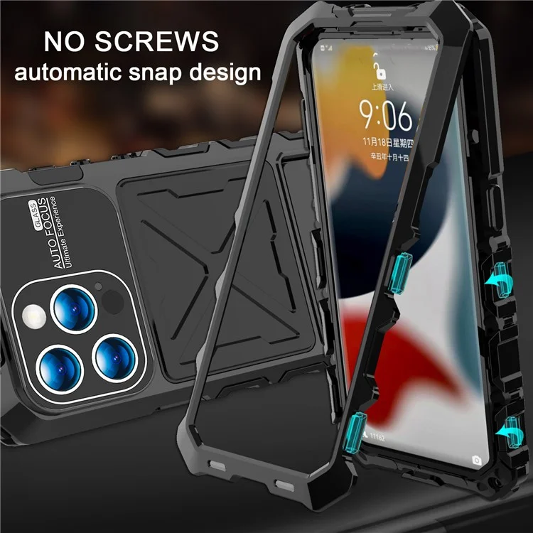 R-JUST Für iPhone 15 Pro Hülle Sturzsicher Silikon+Metall Handyhülle mit Bildschirmschutzfolie - Schwarz