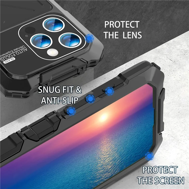 R-JUST Für iPhone 15 Pro Hülle Sturzsicher Silikon+Metall Handyhülle mit Bildschirmschutzfolie - Schwarz