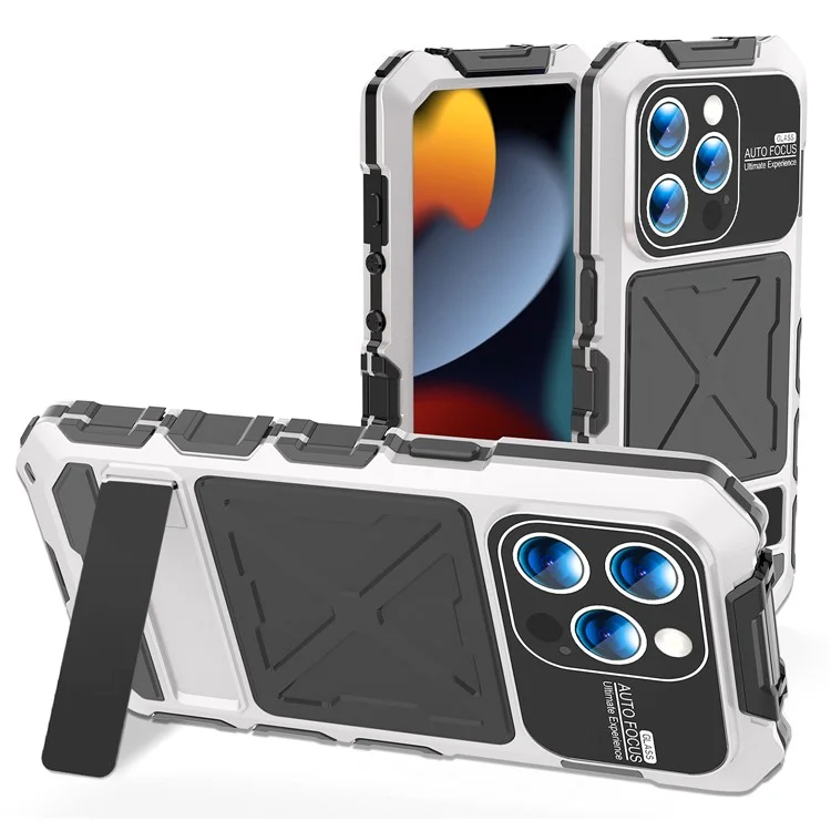 R-JUST For iPhone 15 Pro Max Case Silicone+Metal Anti-drop Phone Cover with Screen Film - Silver